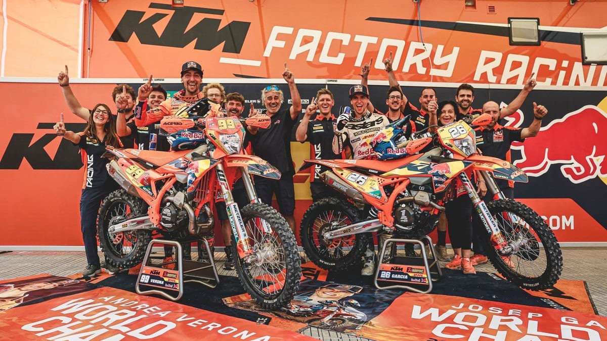 Red Bull KTM Factory Racing celebrates Andrea Verona's Enduro2 and Josep Garcia's EnduroGP world titles at the 2026 GP of Wales finale in Rhayader