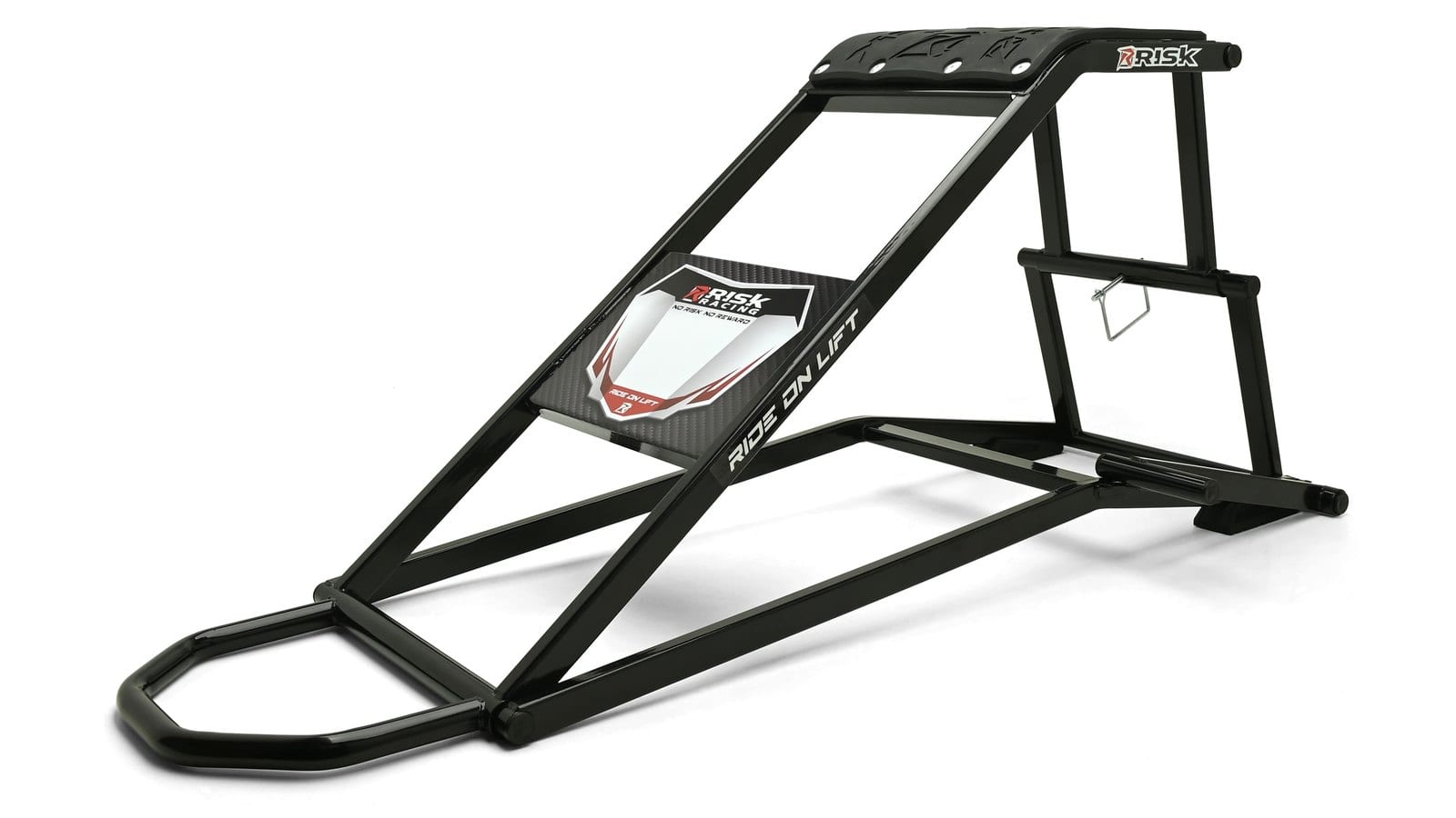 Black Risk Racing Ride-On Lift motorcycle stand with a sloped frame, rubber top pad and a red and white number-plate panel, on a white background