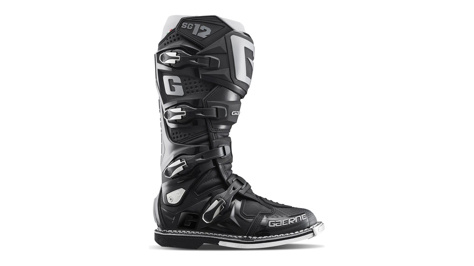 Black Gaerne SG-12 off-road boot with four buckles and SG12 logo on the upper, side view on a white background