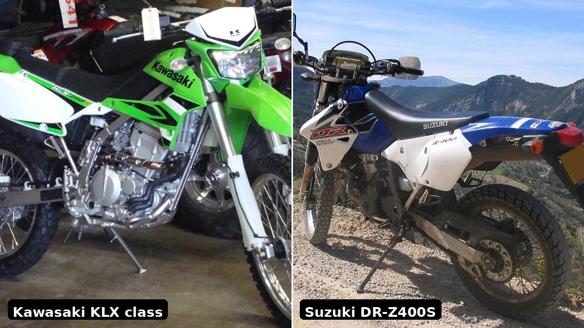 Side-by-side: Kawasaki KLX-class dual-sport (left) and Suzuki DR-Z400S (right) — beginner dual-sport comparison